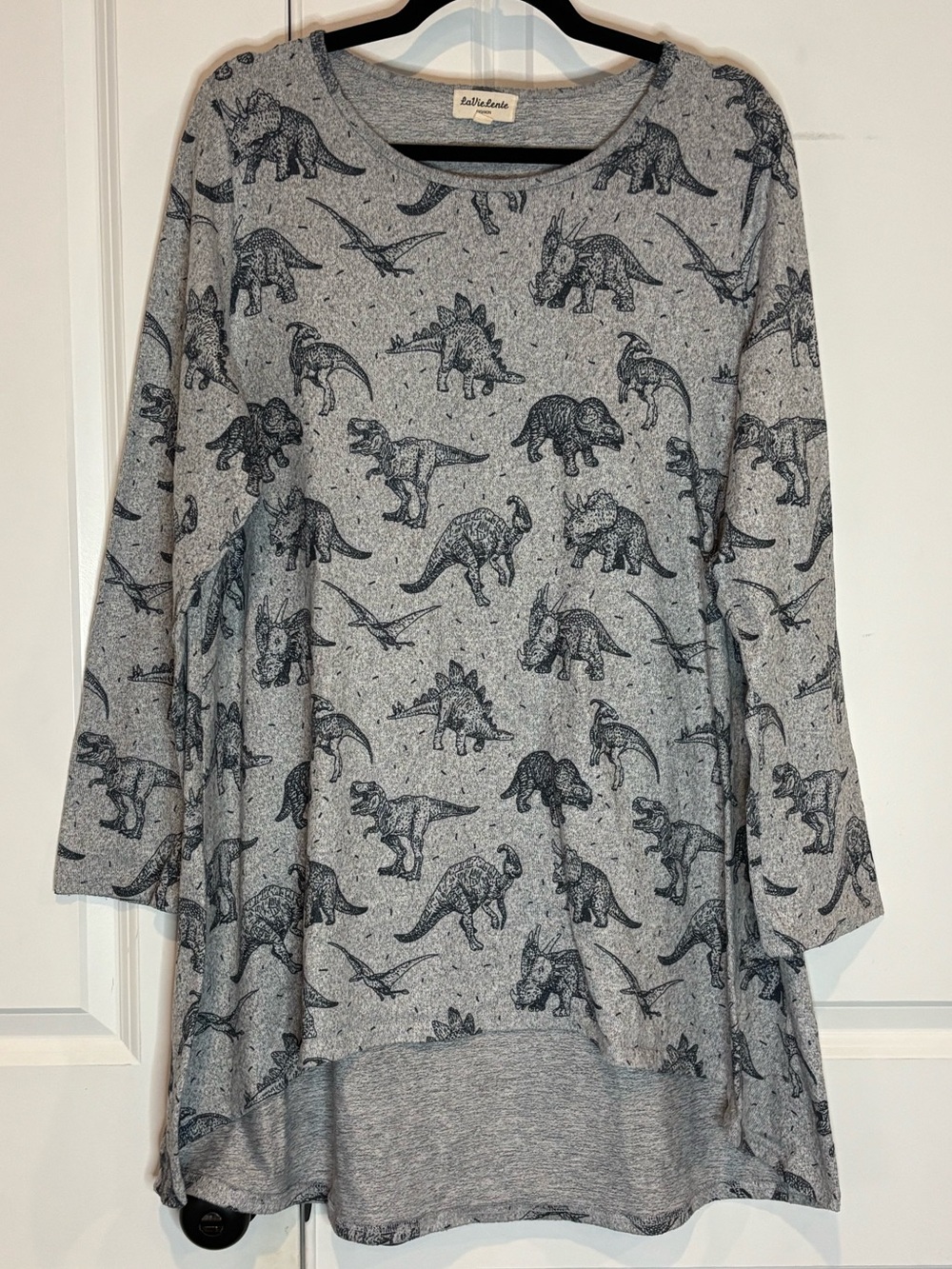 La Vie Lente Gray Navy Dinosaur Long Sleeve Tunic Top 2XL/3XL